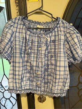 Light Blue Plaid Embroidered Peasant Blouse - Women